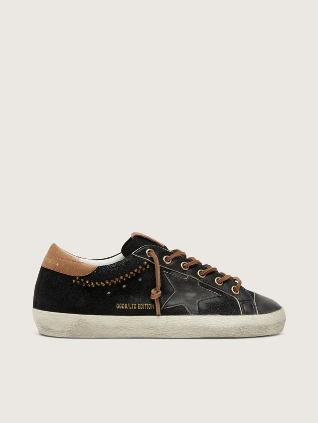 Super-Star LTD para mujer en cuero negro con purpurina y estrella de cuero negro
