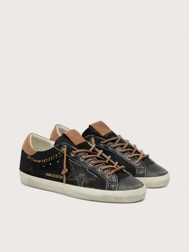Super-Star LTD para mujer en cuero negro con purpurina y estrella de cuero negro