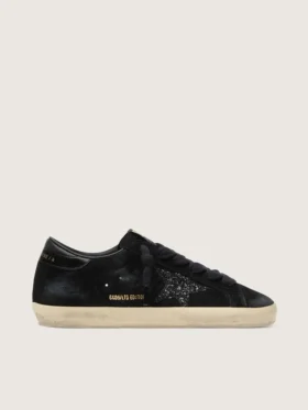 Super-Star LTD para mujer en gamuza negra con estrella negra con purpurina y lengüeta del talón de cuero negro
