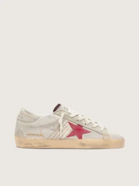 Super-Star LTD para mujer en piel de potro blanca con estrella de gamuza roja