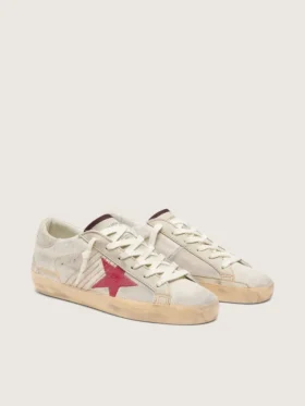 Super-Star LTD para mujer en piel de potro blanca con estrella de gamuza roja