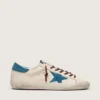 Super-Star para hombre en cuero blanco con estrella de gamuza turquesa