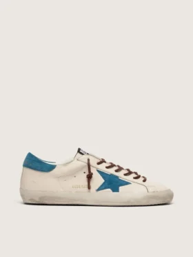 Super-Star para hombre en cuero blanco con estrella de gamuza turquesa