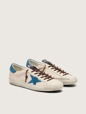 Super-Star para hombre en cuero blanco con estrella de gamuza turquesa