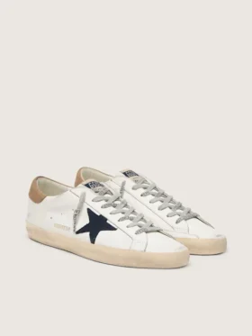 Super-Star para hombre en cuero blanco con estrella de lona azul medianoche y lengüeta del talón de cuero color tabaco