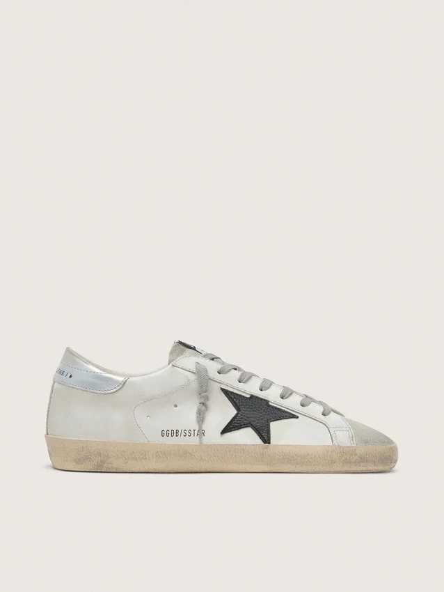 Super-Star para hombre en cuero blanco con estrella de nubuck negro y lengüeta del talón de cuero metalizado plateado