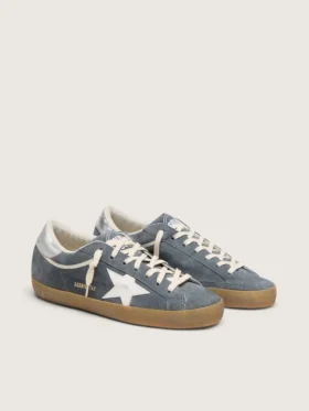 Super-Star para hombre en gamuza gris con estrella de cuero blanco y lengüeta de talón de cuero plateado