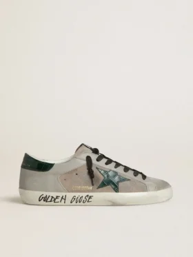 Super-Star para hombre en napa y gamuza con estrella de cuero verde con estampado de cocodrilo