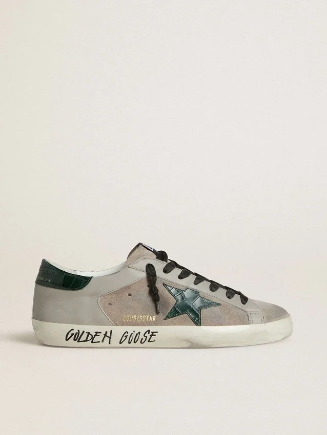 Super-Star para hombre en napa y gamuza con estrella de cuero verde con estampado de cocodrilo