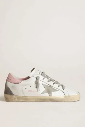 Super-Star para mujer con estrella de gamuza gris y lengüeta del talón de cuero rosa