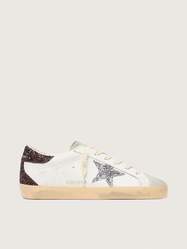 Super-Star para mujer con estrella plateada con purpurina y lengüeta del talón marrón con purpurina