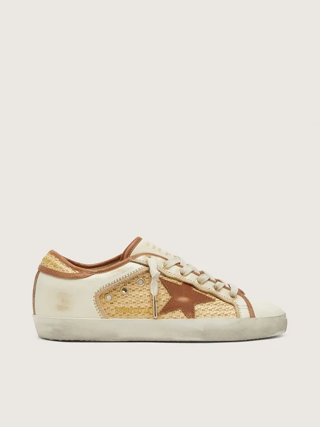 Super-Star para mujer en cuero blanco y rafia con estrella e inserciones en rojo ladrillo