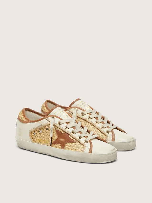 Super-Star para mujer en cuero blanco y rafia con estrella e inserciones en rojo ladrillo