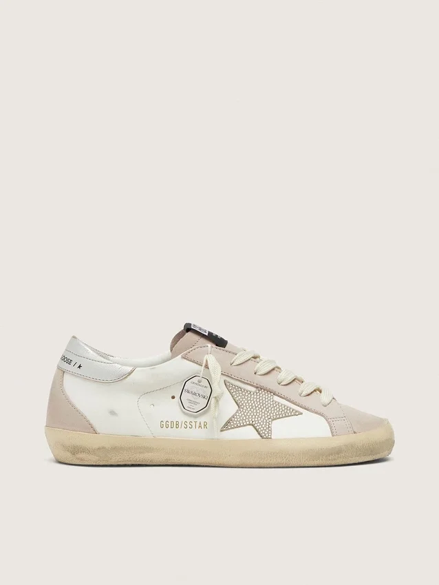 Super-Star para mujer en cuero blanco y rosa polvo con estrella de cristales Swarovski plateados