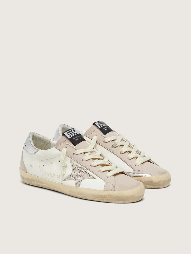 Super-Star para mujer en cuero blanco y rosa polvo con estrella de cristales Swarovski plateados