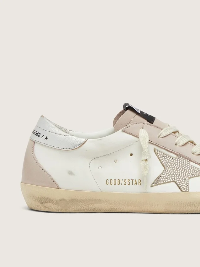 Super-Star para mujer en cuero blanco y rosa polvo con estrella de cristales Swarovski plateados