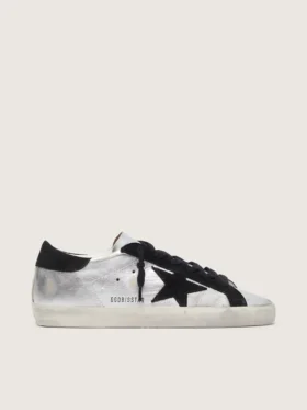Super-Star para mujer en cuero plateado con inserciones en contraste