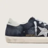 Super-Star para mujer en gamuza azul con estrella plateada brillante y lengüeta de cuero en el talón