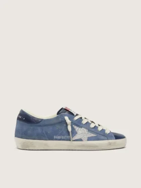 Super-Star para mujer en gamuza azul denim con estrella plateada brillante