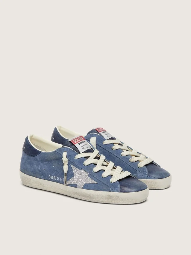 Super-Star para mujer en gamuza azul denim con estrella plateada brillante
