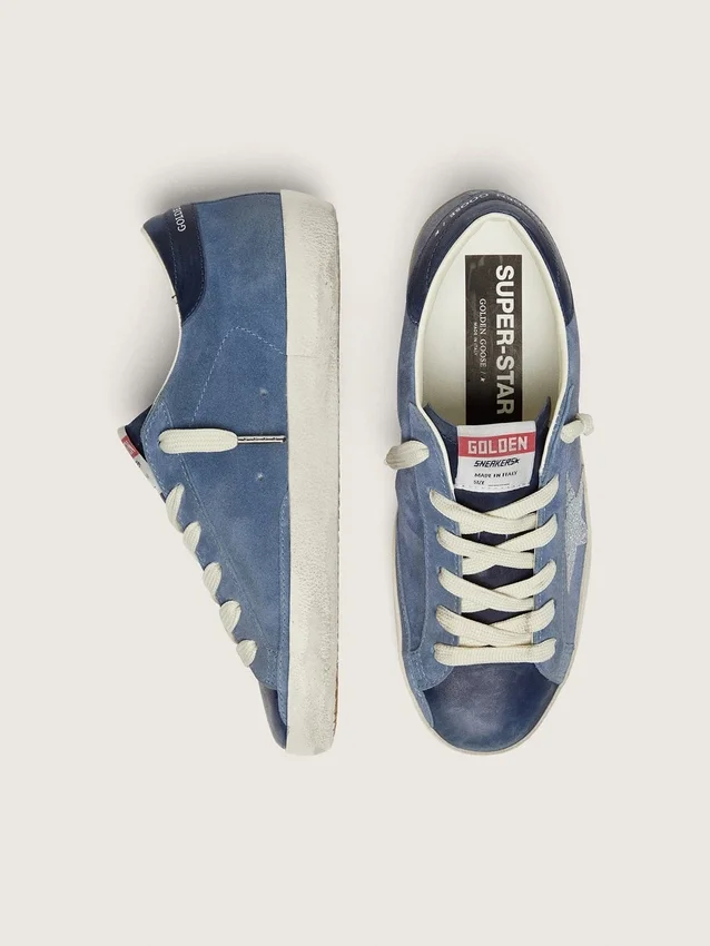 Super-Star para mujer en gamuza azul denim con estrella plateada brillante