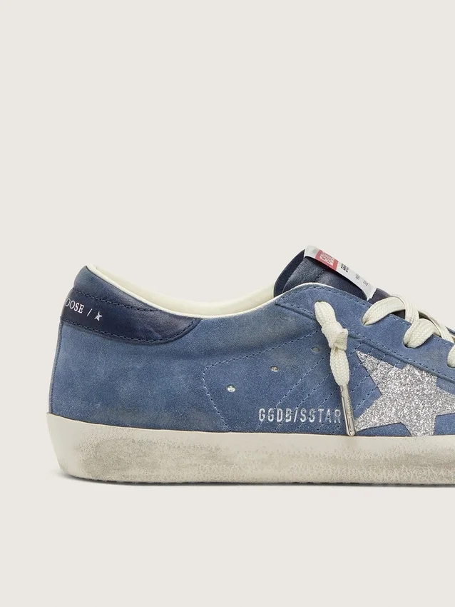 Super-Star para mujer en gamuza azul denim con estrella plateada brillante