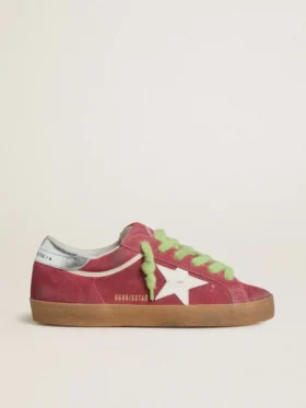 Super-Star para mujer en gamuza roja con estrella de cuero blanco y lengüeta de talón de cuero plateado