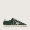 Super-Star para mujer en gamuza verde, con estrella plateada brillante y lengüeta de cuero en el talón