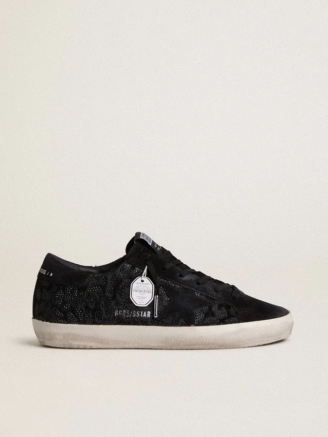 Super-Star para mujer en piel de potro negra con cristales Swarovski negros y estrella de gamuza negra