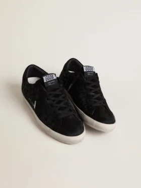 Super-Star para mujer en piel de potro negra con cristales Swarovski negros y estrella de gamuza negra