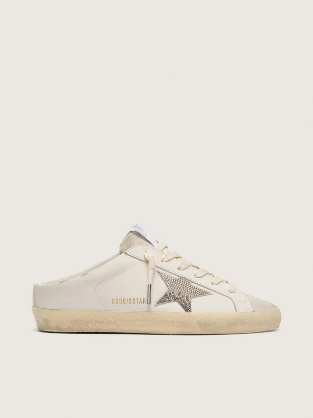 Super-Star Sabot para mujer en cuero blanco con estrella de Swarovski