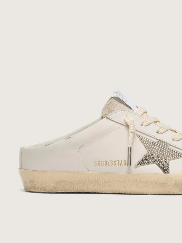 Super-Star Sabot para mujer en cuero blanco con estrella de Swarovski