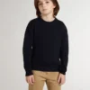 Suéter azul de cuello redondo para niños con letras «Golden» en la espalda