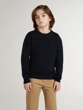 Suéter azul de cuello redondo para niños con letras «Golden» en la espalda