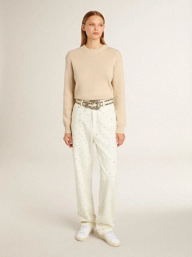 Suéter beige para mujer con letras «Golden» en la espalda