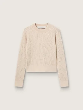 Suéter corto de cuello redondo en lana beige con cristales por toda la prenda