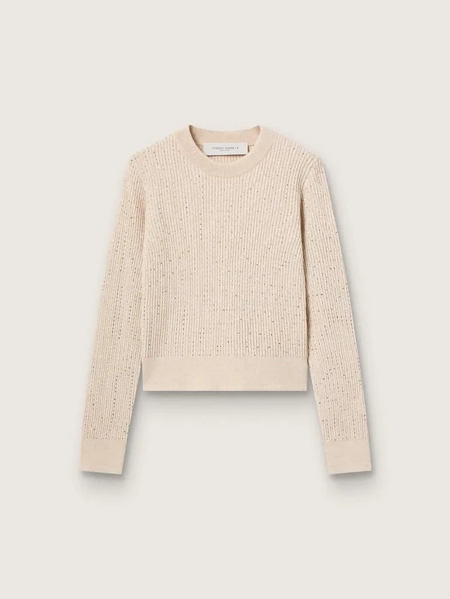 Suéter corto de cuello redondo en lana beige con cristales por toda la prenda