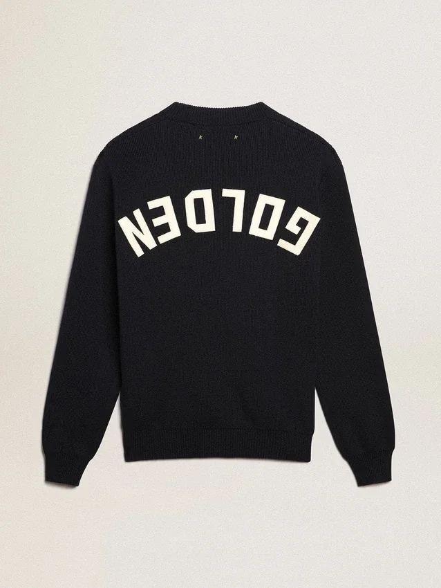 Suéter de cuello redondo para hombre en algodón azul oscuro con logotipo