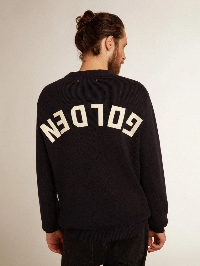Suéter de cuello redondo para hombre en algodón azul oscuro con logotipo