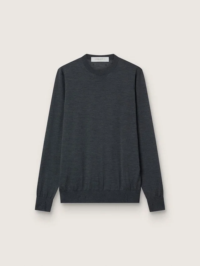 Suéter de cuello redondo para hombre en lana gris oscuro jaspeada