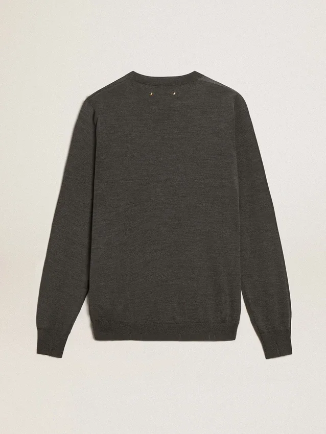 Suéter de cuello redondo para hombre en lana gris oscuro jaspeada
