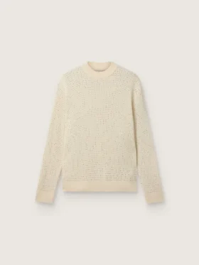 Suéter de cuello redondo para hombre en lana merino blanca con cristales por toda la prenda