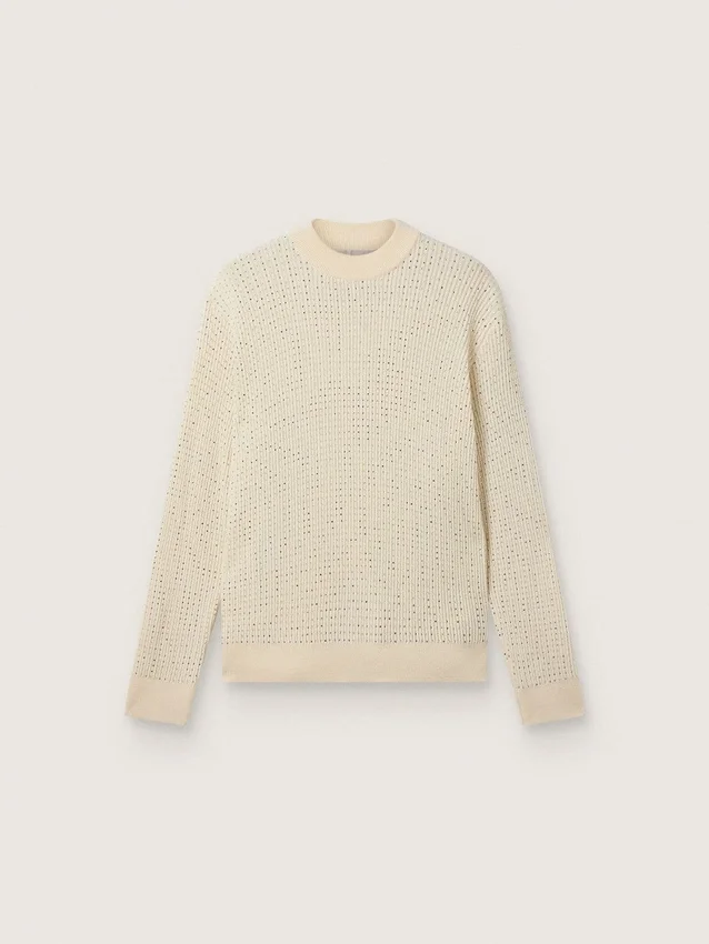 Suéter de cuello redondo para hombre en lana merino blanca con cristales por toda la prenda