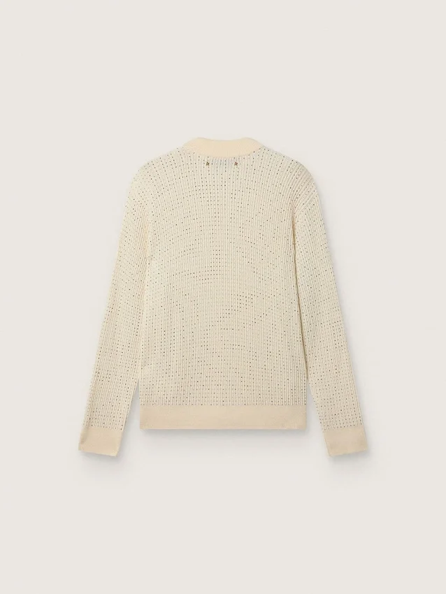 Suéter de cuello redondo para hombre en lana merino blanca con cristales por toda la prenda