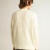 Suéter de cuello redondo para hombre en lana merino blanca con cristales por toda la prenda