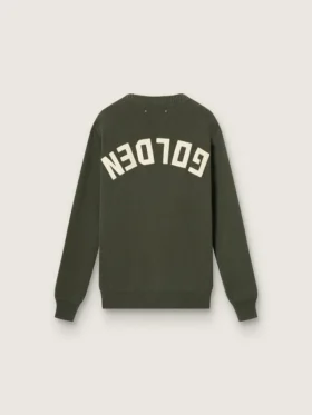 Suéter de cuello redondo para hombre en verde militar con letras «doradas» en la espalda