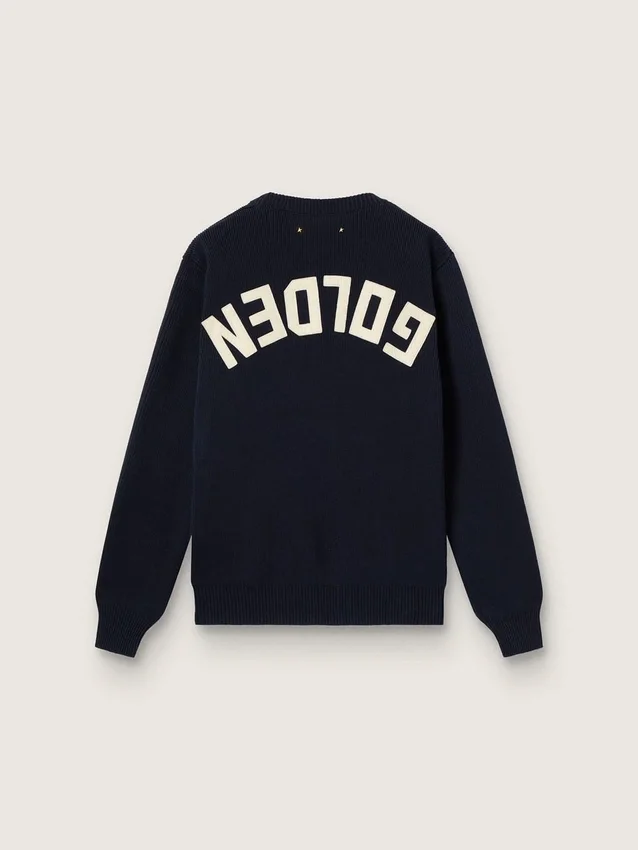 Suéter de cuello redondo para mujer en algodón azul oscuro con logotipo en la espalda