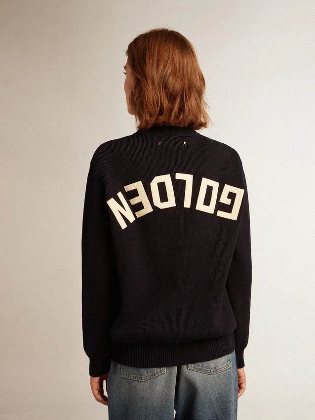 Suéter de cuello redondo para mujer en algodón azul oscuro con logotipo en la espalda