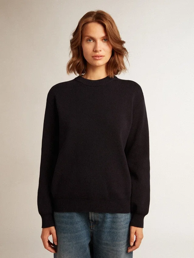 Suéter de cuello redondo para mujer en algodón azul oscuro con logotipo en la espalda