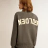 Suéter de cuello redondo para mujer en algodón gris oscuro con logotipo en la espalda